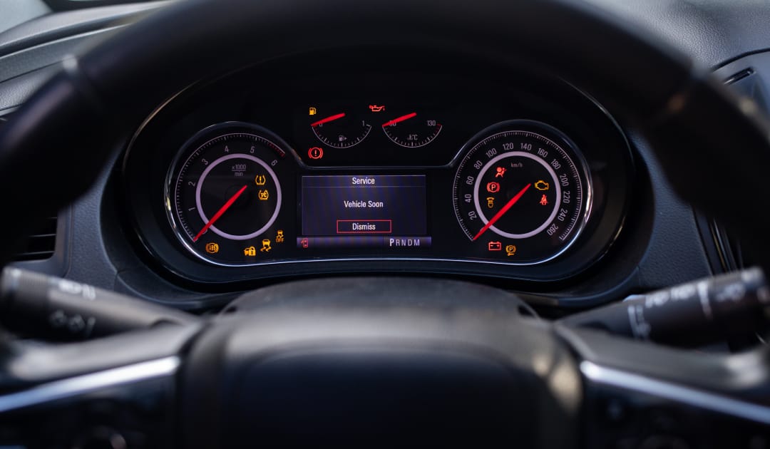 Dashboard warning lights illuminated on a vehicle requiring steering and diagnostic inspection in Niagara Falls.